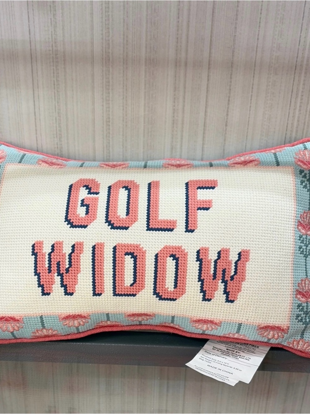 Needlepoint Coral and Light Blue "Golf Widow" Accent Pillow